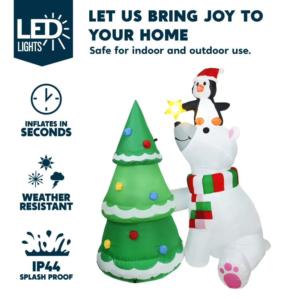 6ft Inflatable LED Polar Bear Christmas Tree with Penguin