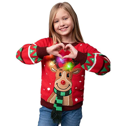 Kids LED Light Up Red Christmas Sweater Reindeer