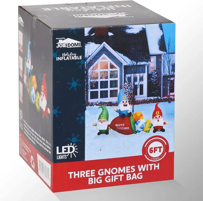 6ft LED Long Christmas 3 Gnome Inflatable with Gift Bags