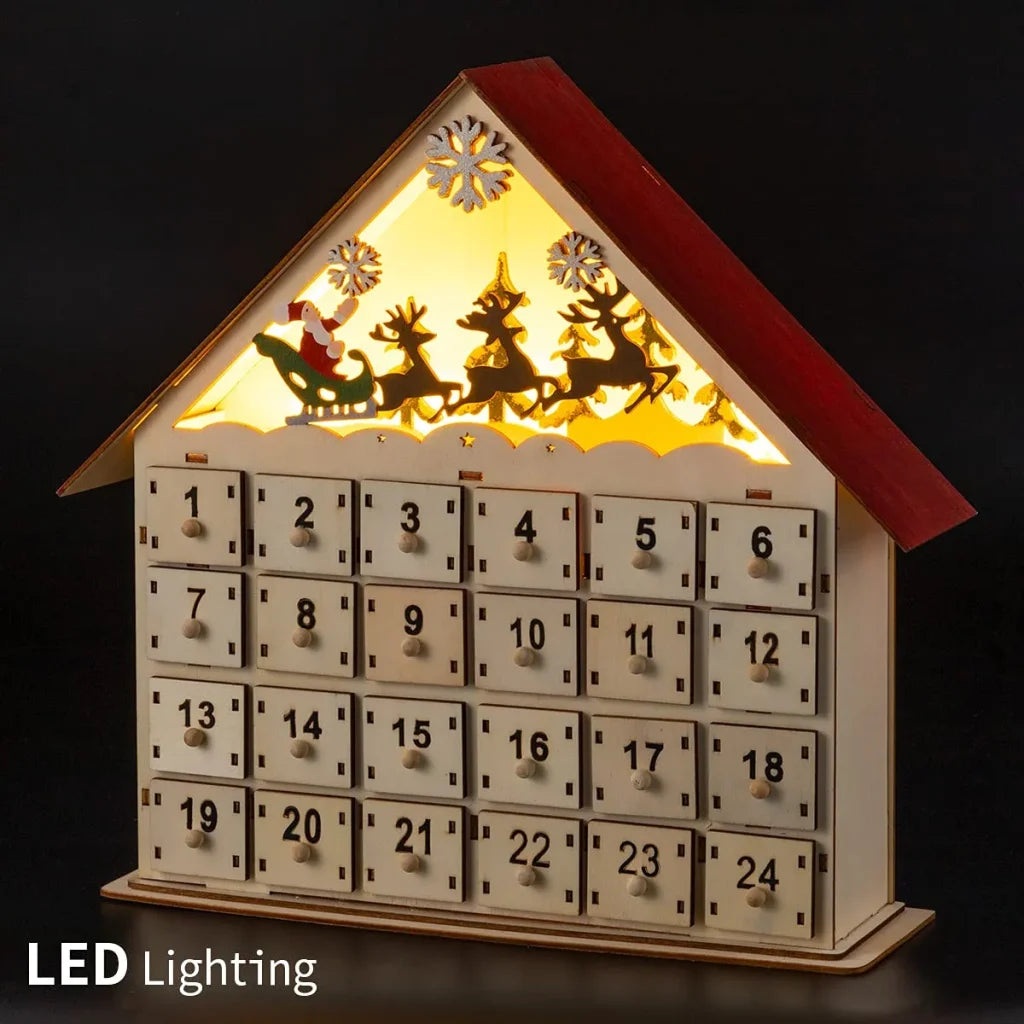 Christmas LED Wooden House Advent Calendar With 24 Drawers