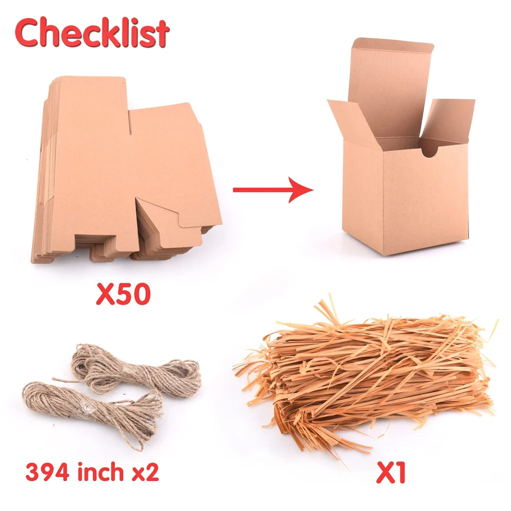 50pcs Brown Kraft Paper Gift Box with Lids and Grass Twines