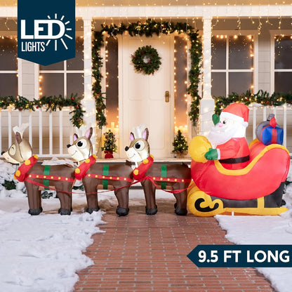 9.5 ft Giant Santa on Sleigh with Three Reindeers Inflatable