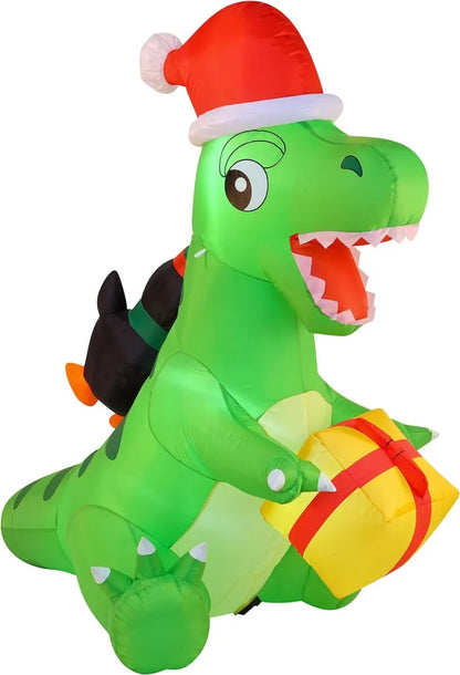 6ft Inflatable Christmas Penguin Sledding on Dinosaur