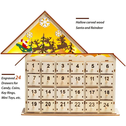 Christmas LED Wooden House Advent Calendar With 24 Drawers