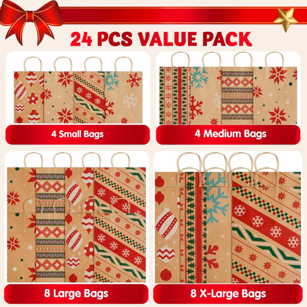 24 PCS Christmas Kraft Gift Bags