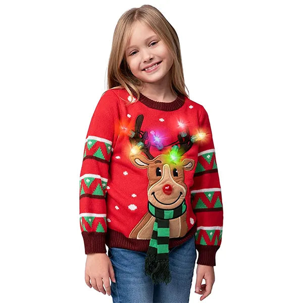 Kids LED Light Up Red Christmas Sweater Reindeer