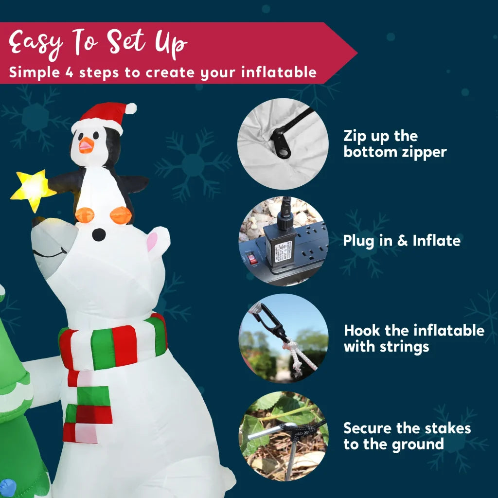 6ft Inflatable LED Polar Bear Christmas Tree with Penguin