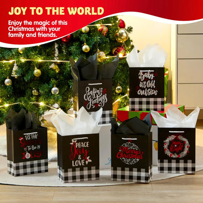 12 Pieces Plaid Christmas Gift Bags With Handles