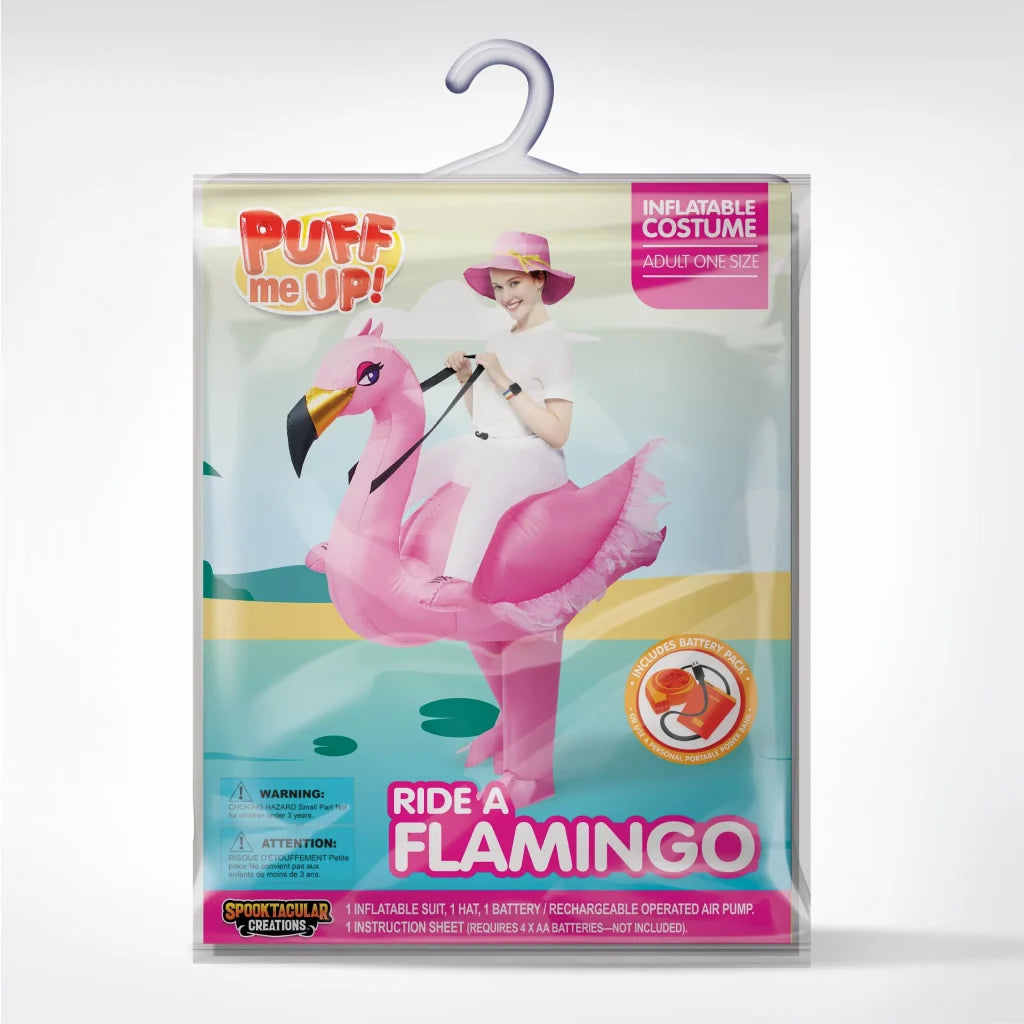 Riding an Elegant Flamingo Inflatable Halloween Costume