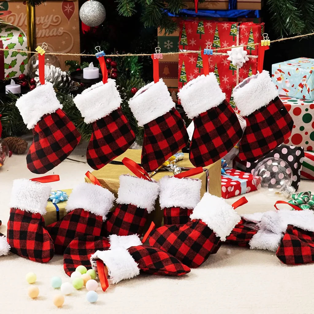 18pcs Red & Black Buffalo Plaid Christmas Stockings 5in