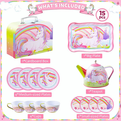 15pcs Girls Unicorn Tin Teapot Playset