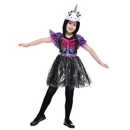 Girls Dark Unicorn Skeleton Dress Halloween Costume