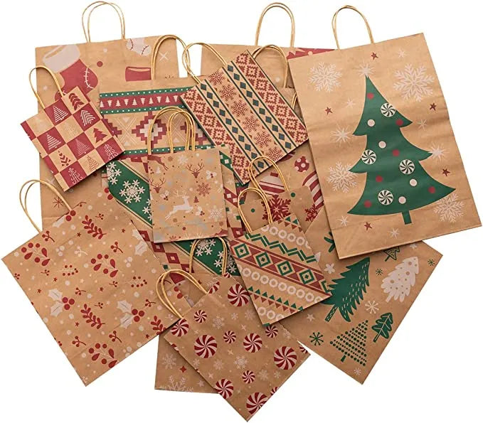 12pcs Reusable Kraft Paper Christmas Gift Bags with Handle