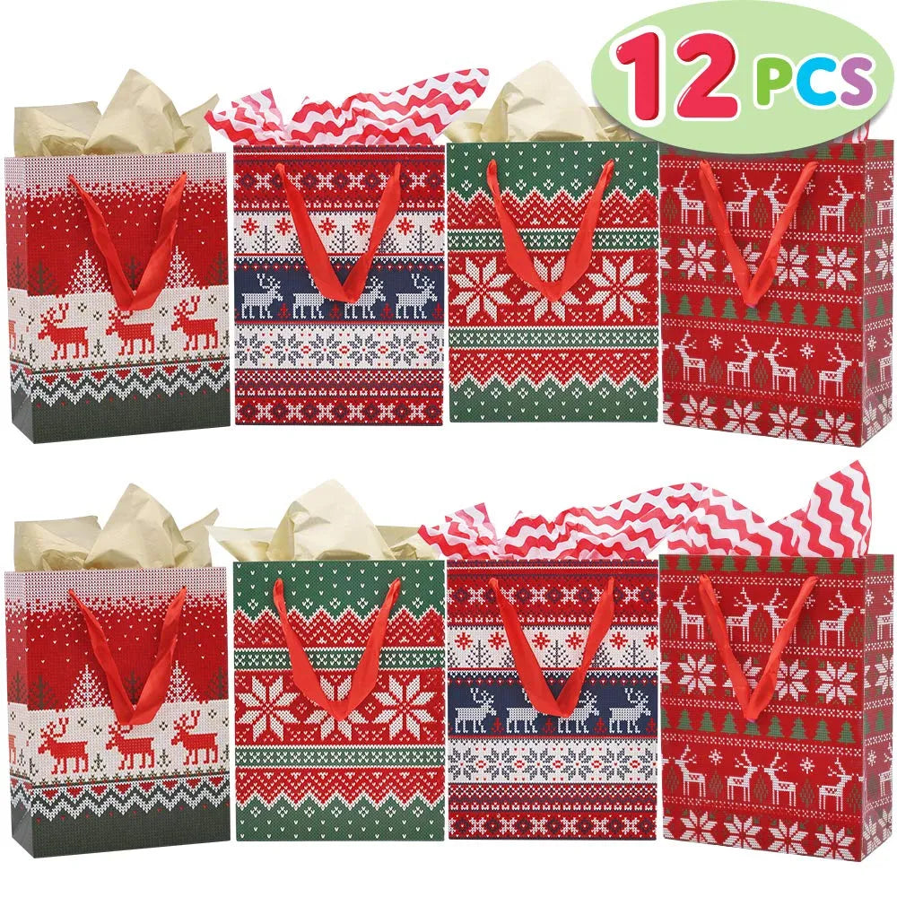 12pcs Christmas Gift Bags With Assorted Christmas Prints