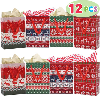 12pcs Christmas Gift Bags With Assorted Christmas Prints