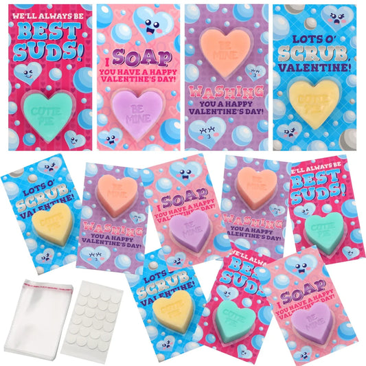 24Pcs Heart Shaped SOAP with Valentines Day Cards for Kids-Classroom Exchange Gifts