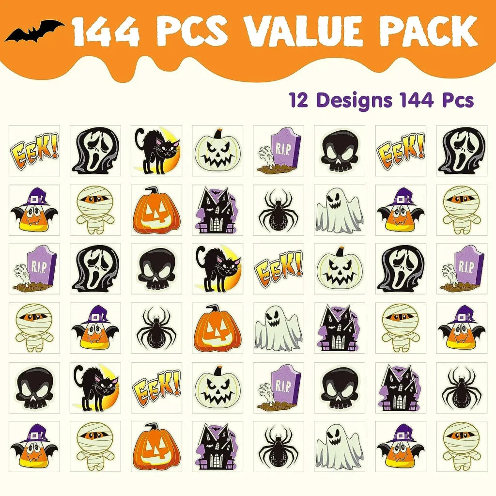 JOYIN 144 PCS Halloween Glowing Temporary Tattoos for Kids, 12 Designs Luminous Halloween Tattoo stickers