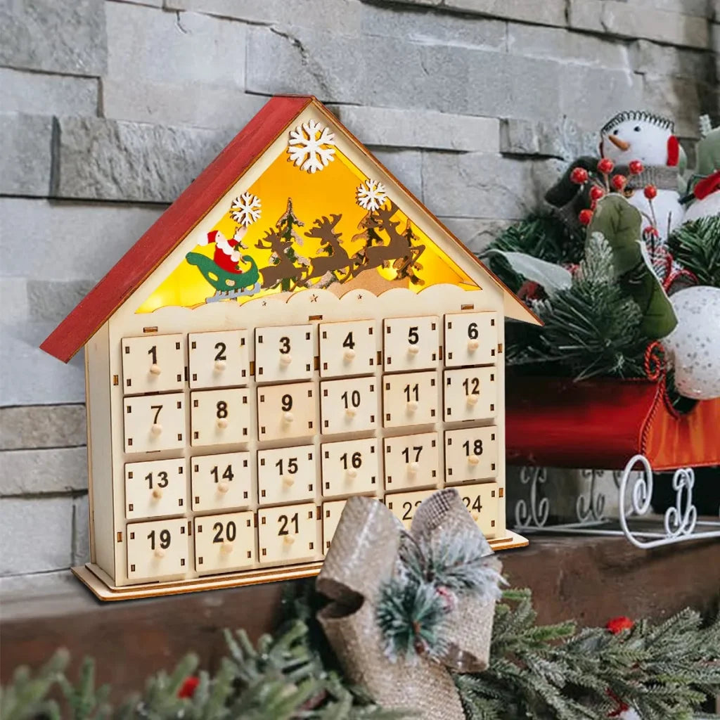 Christmas LED Wooden House Advent Calendar With 24 Drawers