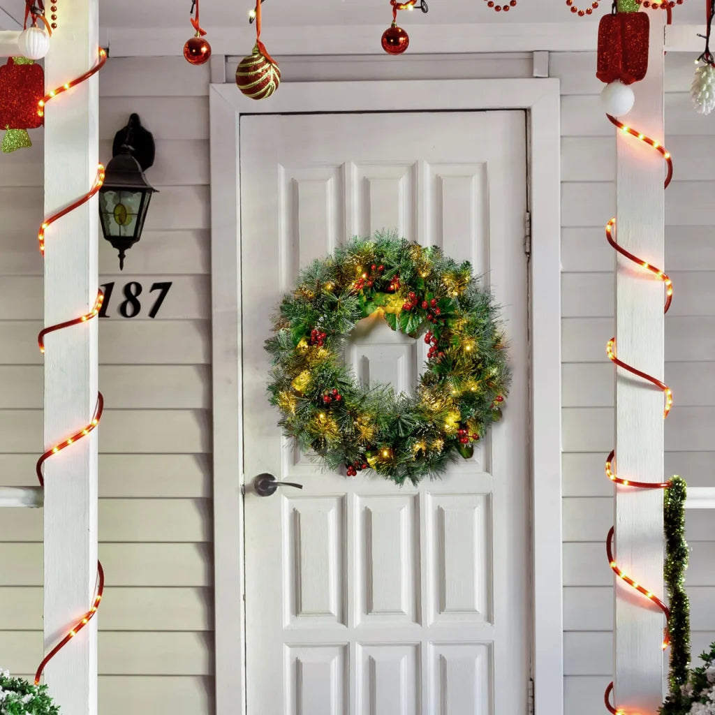 24 Inch Pre-Lit Christmas Wreath with Warm White LEDs