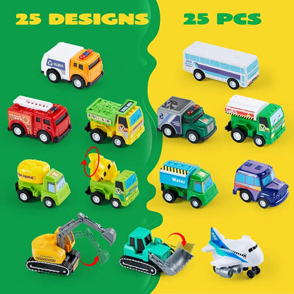 25pcs Pull Back Toy Cars and Trucks Vehicles Set