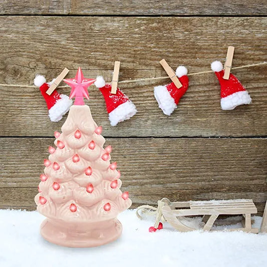 Pink Prelit Tabletop Ceramic Christmas Tree 7in