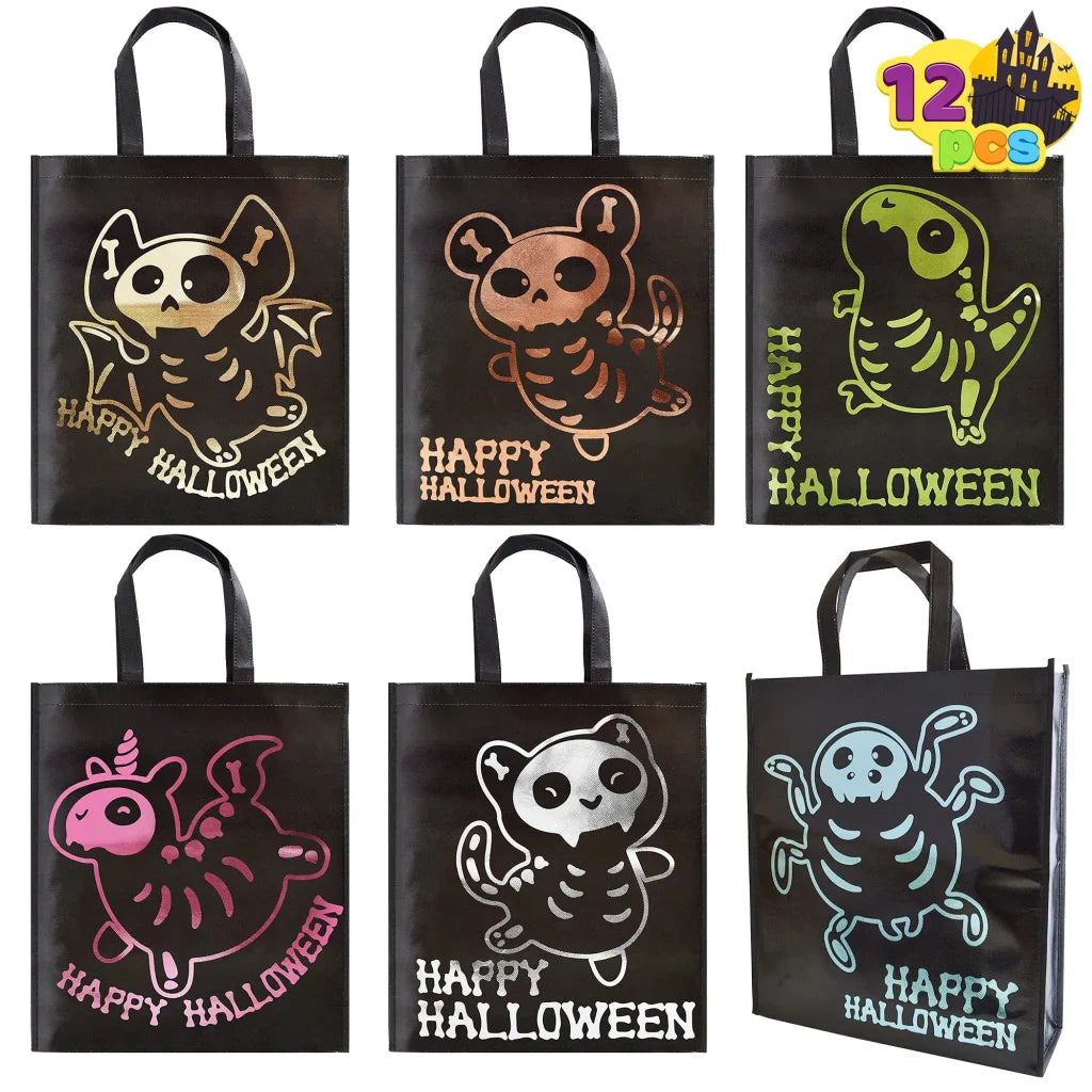 12Pcs Halloween Tote Bags with Shining Skeleton Designs