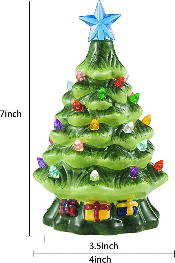 Mini Pre lit Ceramic Tabletop Christmas Tree 7in