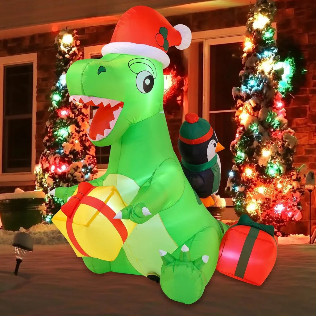 6ft Inflatable Christmas Penguin Sledding on Dinosaur