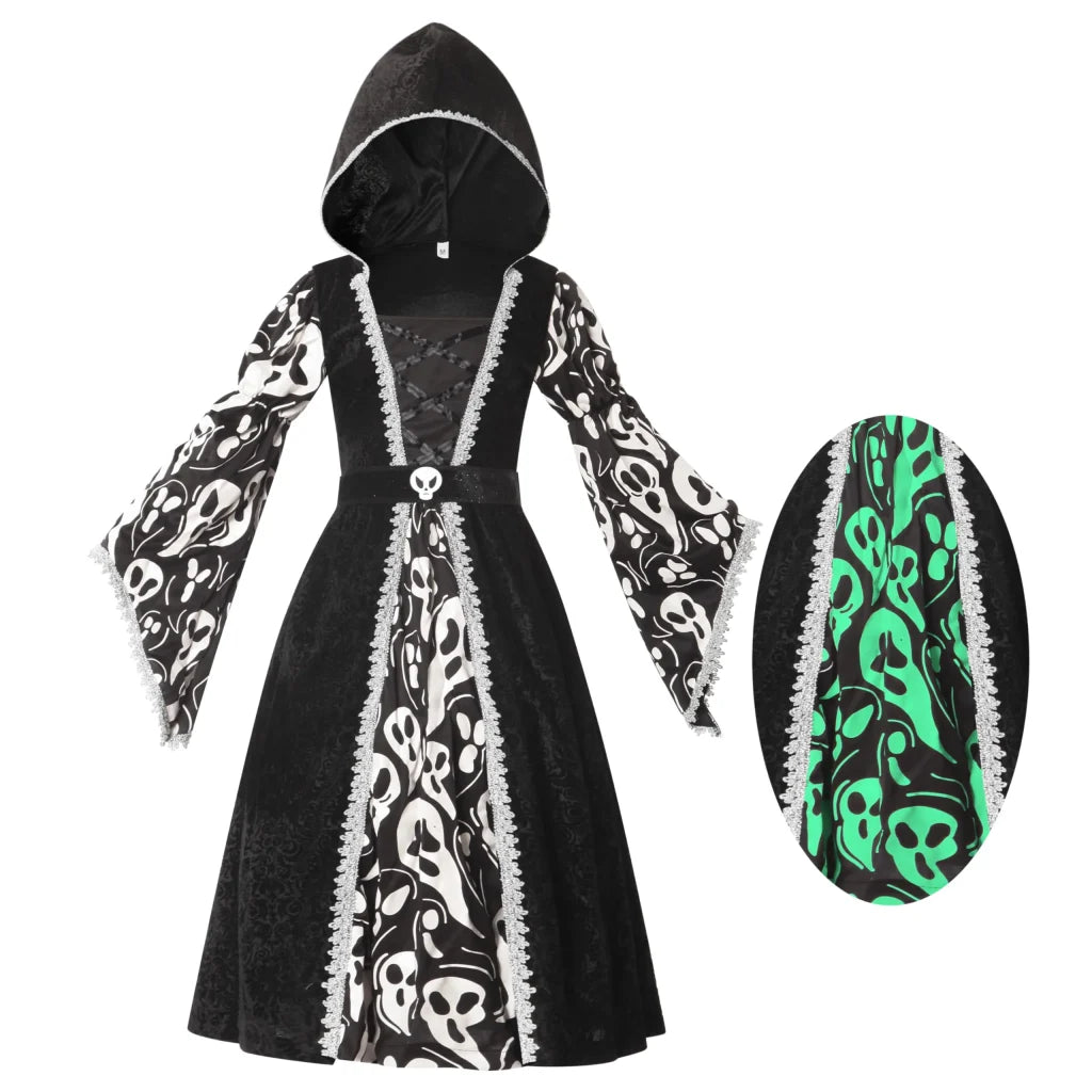 Girls Black Dark Witch Print Dress Costume