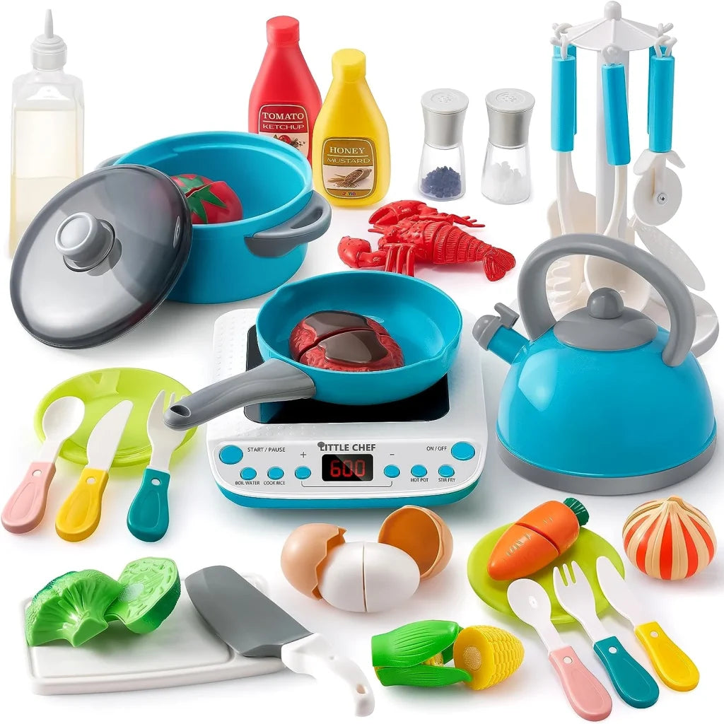 37Pcs Kids Kitchen Playset, Toddler Pretend Cooking Toy Set with Pans, Pots, Utensils Cookware Toys, Play Food, Cutting Vegetables