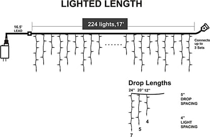 224 LED Multicolor Icicle Christmas Lights