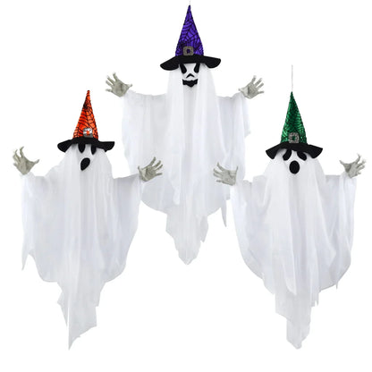 3pcs Halloween Hanging White Ghost with Hats 24.8in