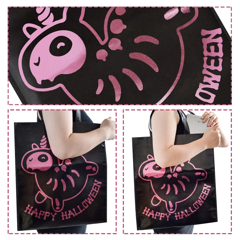 12Pcs Halloween Tote Bags with Shining Skeleton Designs