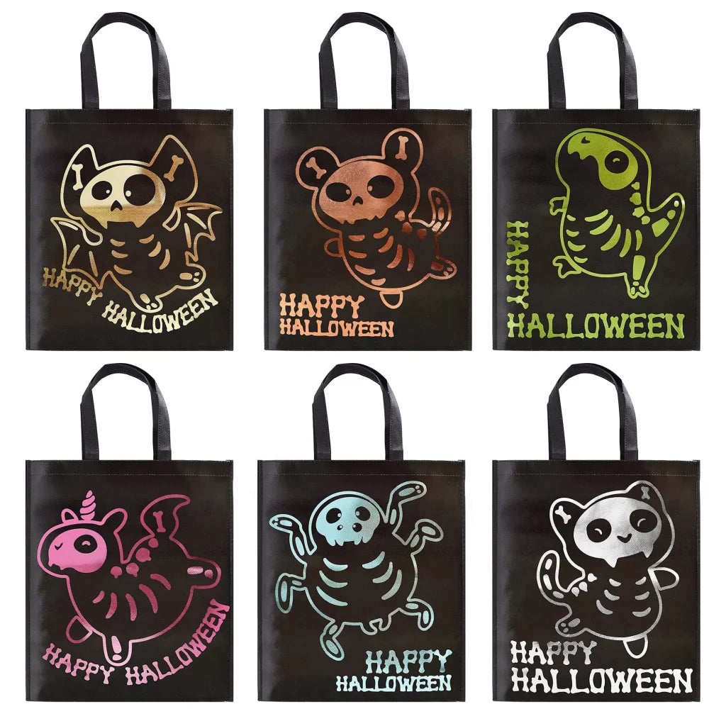 12Pcs Halloween Tote Bags with Shining Skeleton Designs