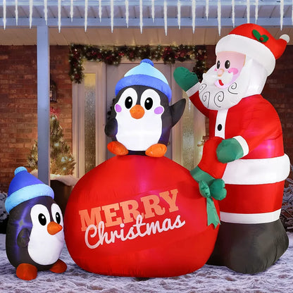 7ft Large Penguins with Santa Inflatable