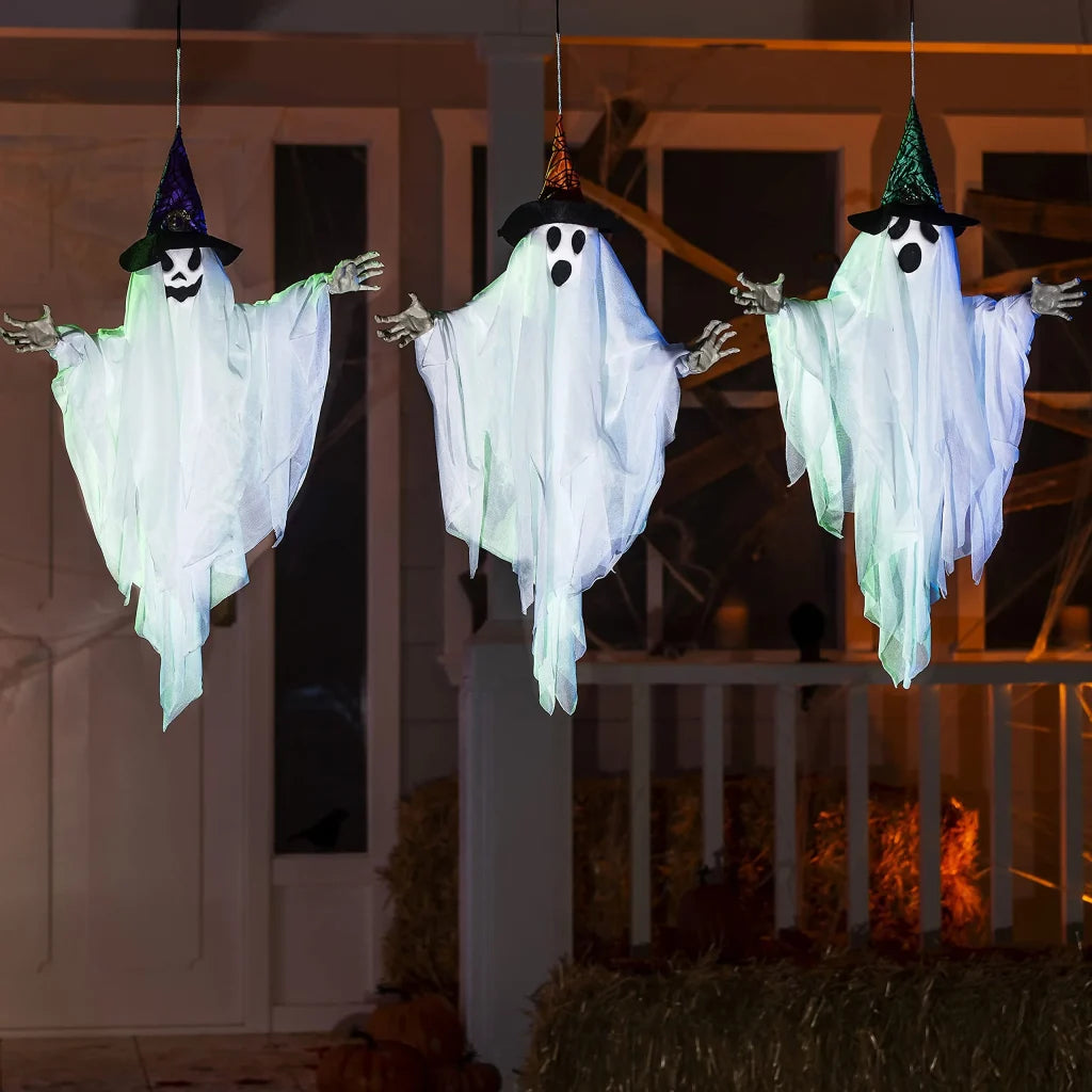 3pcs Halloween Hanging White Ghost with Hats 24.8in