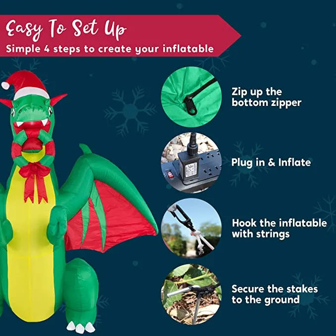 8ft LED Realistic Green Christmas Dragon Inflatable