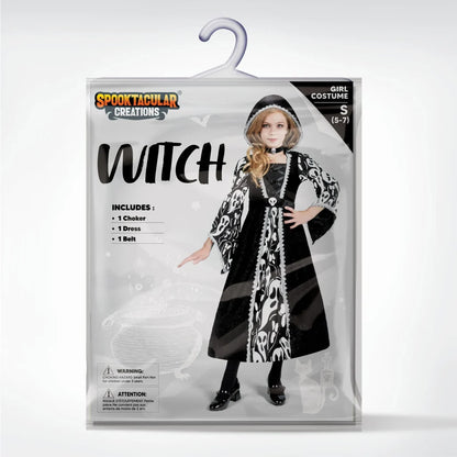 Girls Black Dark Witch Print Dress Costume