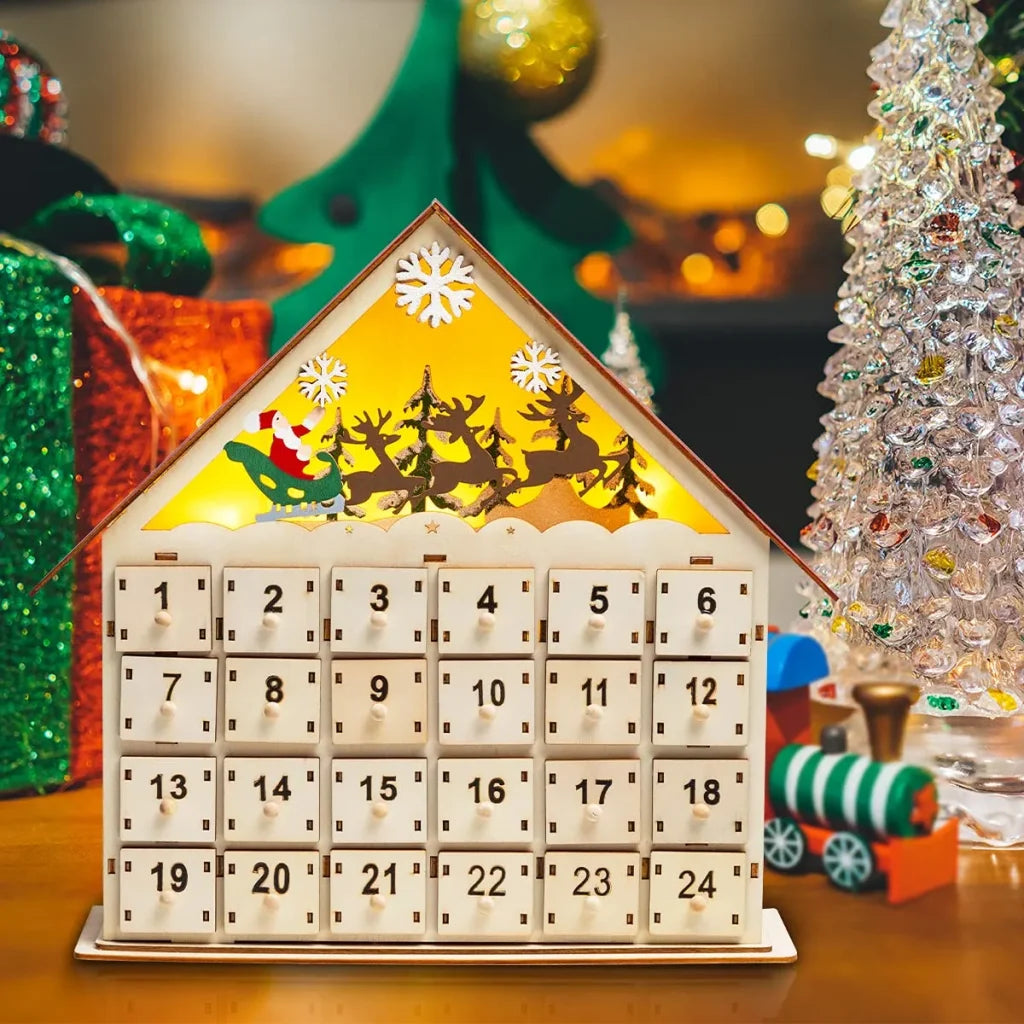 Christmas LED Wooden House Advent Calendar With 24 Drawers