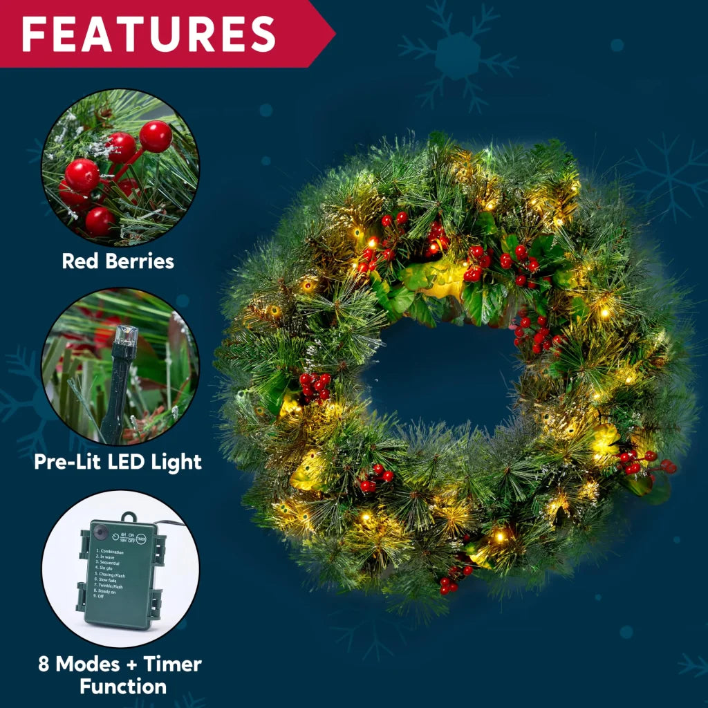 24 Inch Pre-Lit Christmas Wreath with Warm White LEDs