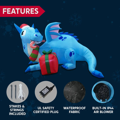 6ft LED Blue Christmas Inflatable Dragon Guarding Gift