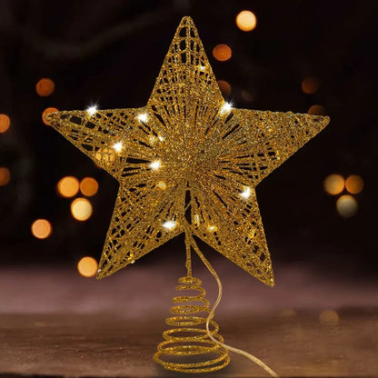 Christmas Glitter Lighted Gold Star Tree Topper