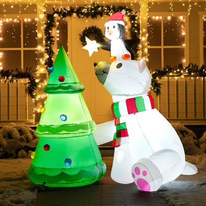 6ft Inflatable LED Polar Bear Christmas Tree with Penguin