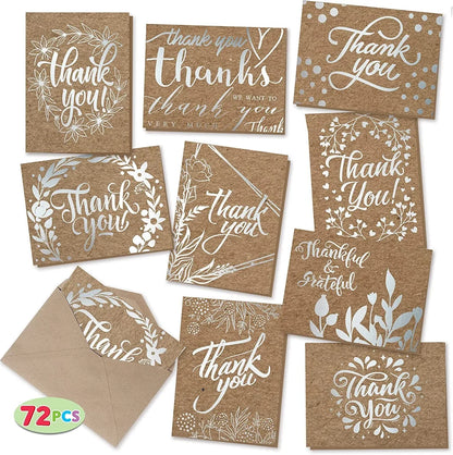 72Pcs Silver Foil Kraft Paper Thank You Card