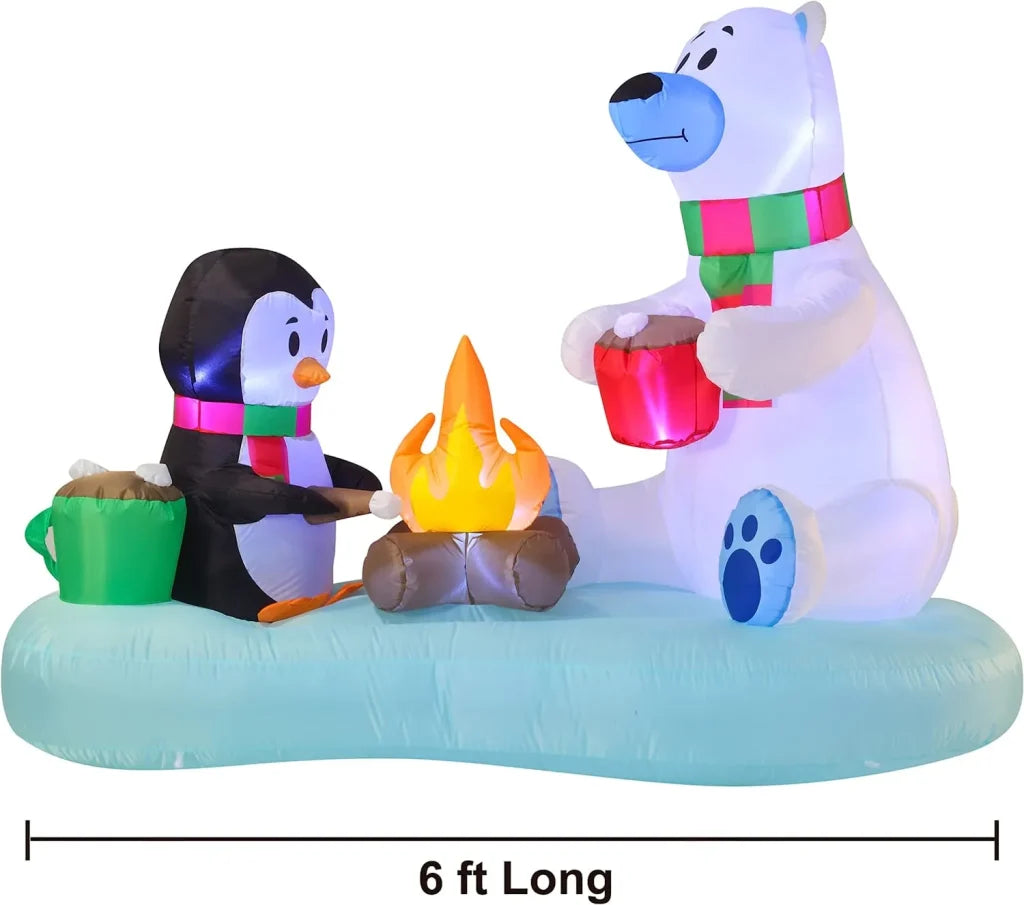 6ft Long Inflatable Polar Bear and Penguin with Campfire