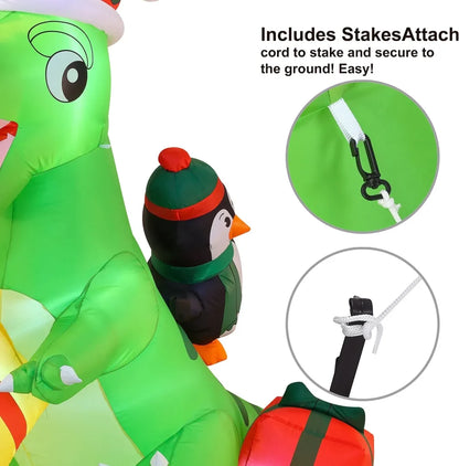 6ft Inflatable Christmas Penguin Sledding on Dinosaur