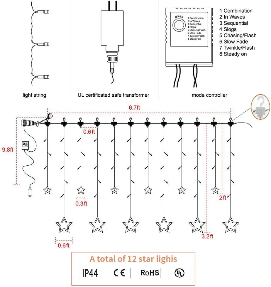 138 LED Warm White Led 12 Stars Fairy String Lights