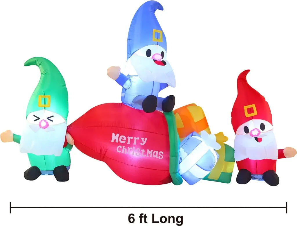 6ft LED Long Christmas 3 Gnome Inflatable with Gift Bags