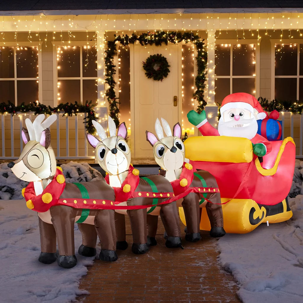 9.5 ft Giant Santa on Sleigh with Three Reindeers Inflatable