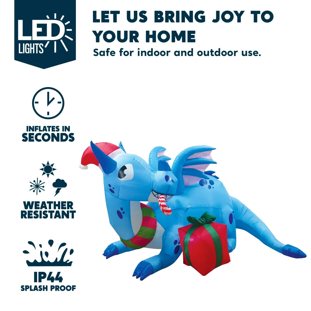 6ft LED Blue Christmas Inflatable Dragon Guarding Gift